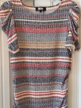 DKNY Multicolor Striped Knit Top — Blue, Red & Cream